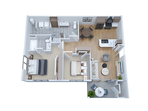 a stylized floor plan with a bedroom and living room